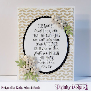 Divinity Designs Stamp: John 3:16, Custom Dies: Ovals, Scalloped Ovals, Bitty Blossoms, Mixed Media Stencils: Arrows 