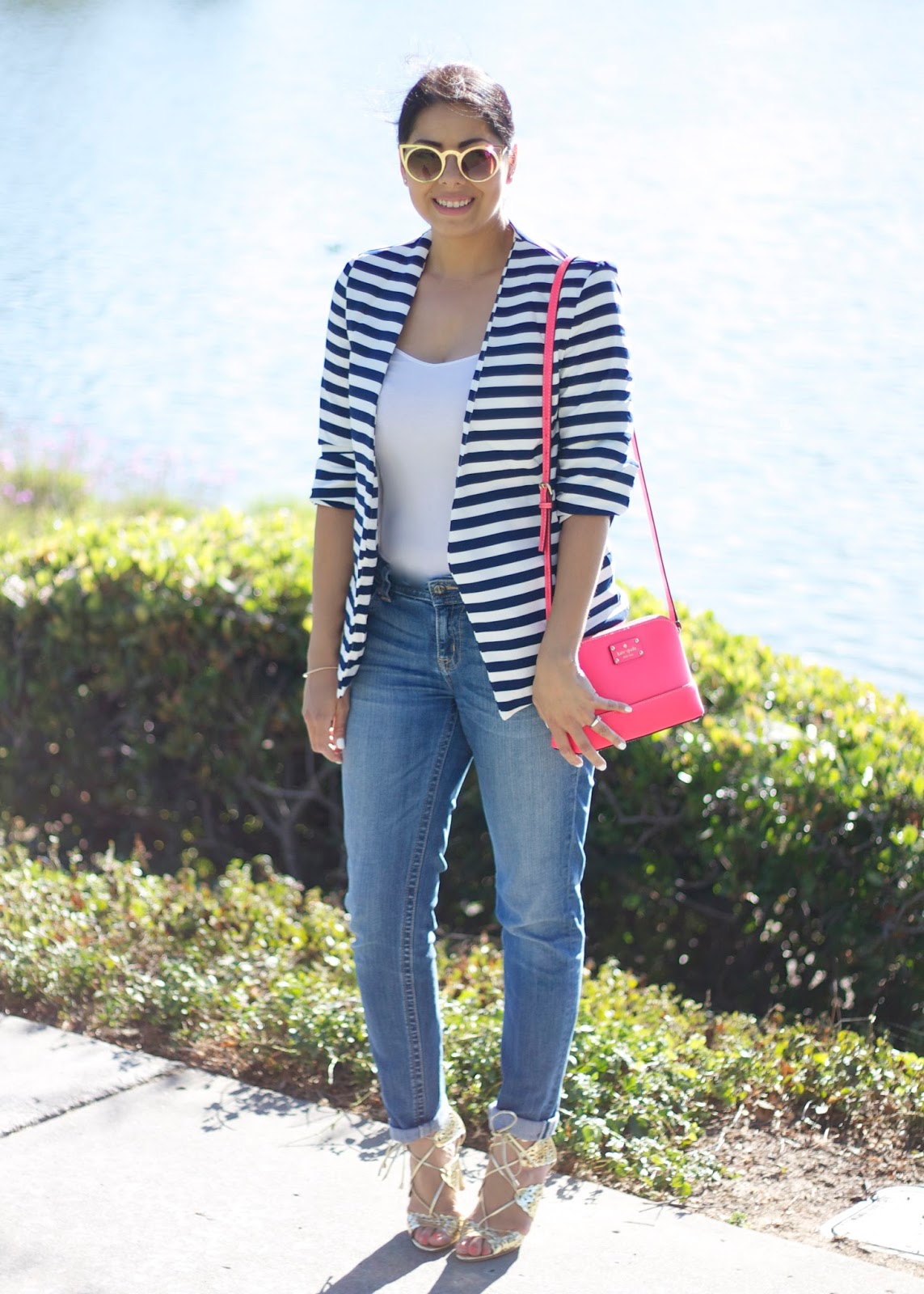 how to wear a striped blazer, hot pink kate spade cross body, how to wear gold sandals