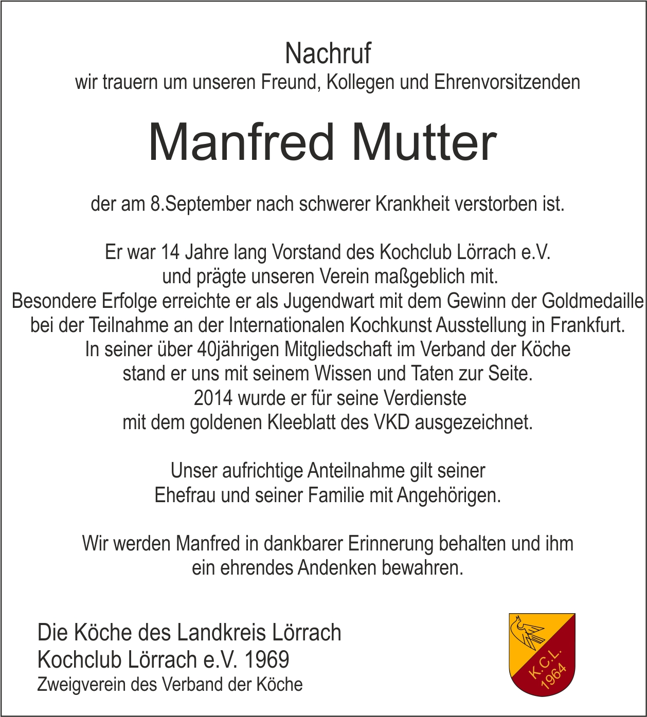 Kochclub Informiert Trauer Um Unseren Ehrenvorsitzenden Manfred