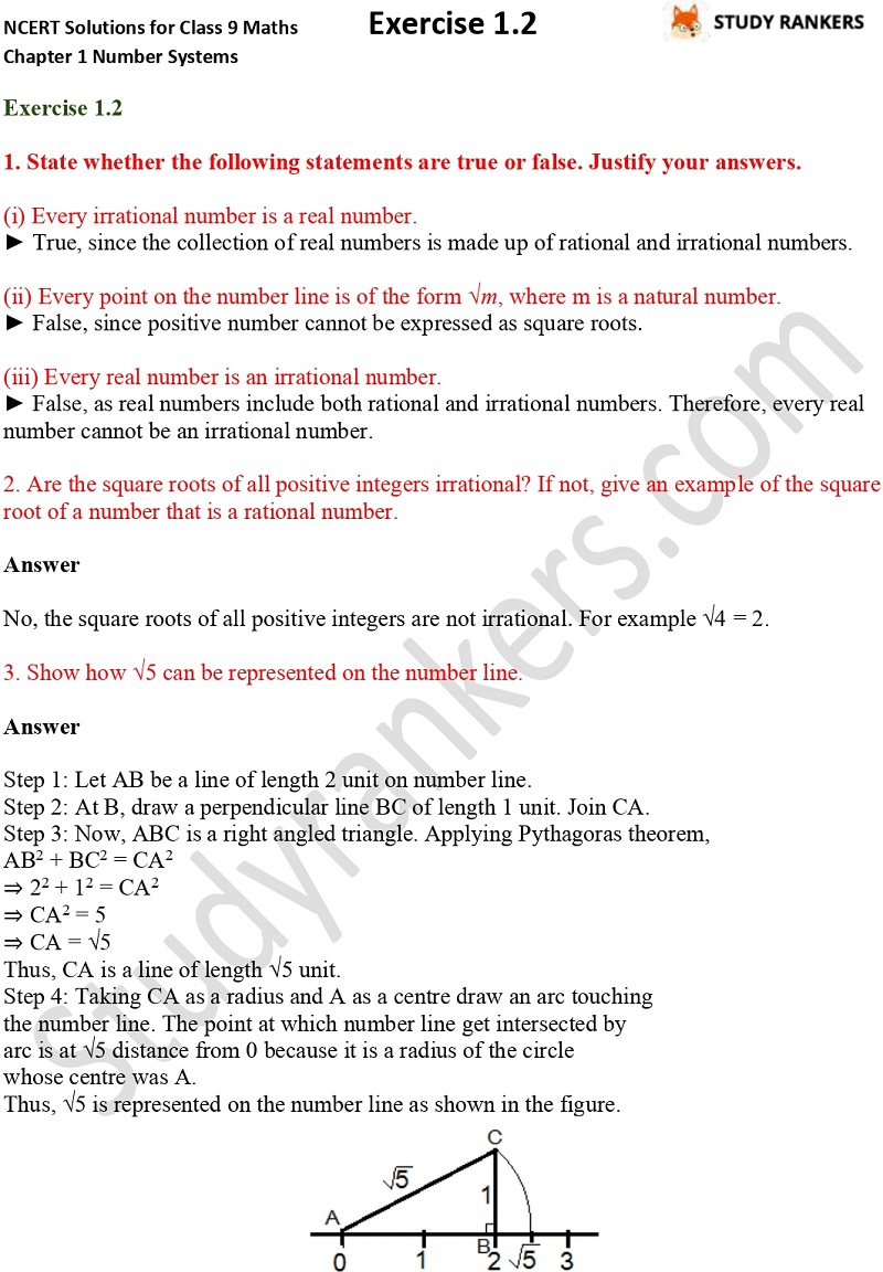 NCERT Solutions for Class 9 Maths Chapter 1 Number Systems Exercise 1.2