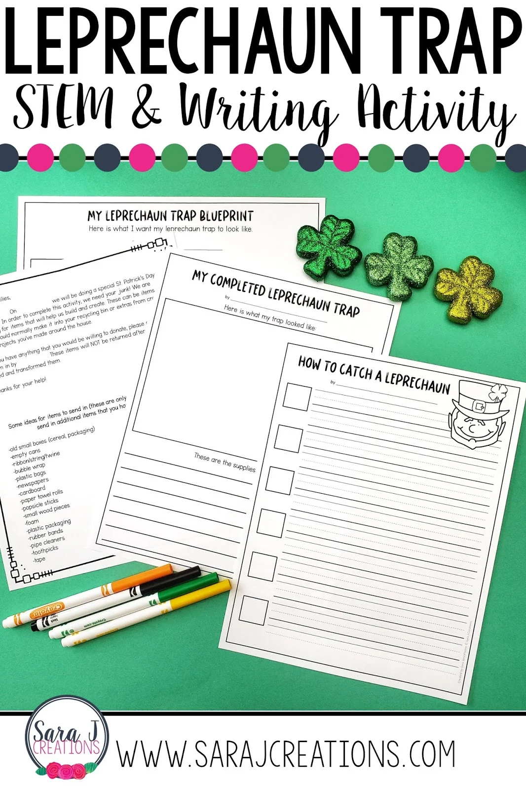 Check out this leprechaun trap making idea for kids. An easy to use project idea where students create a leprechaun trap out of recycled items and then write how to catch a leprechaun. Even includes a letter to parents to help gather supplies for building. So much St. Patrick's Day fun!