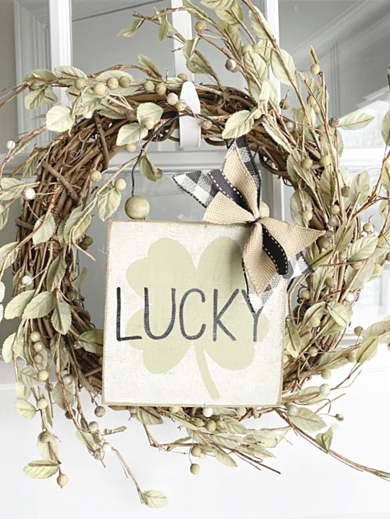 lucky sign hanging on a wreath