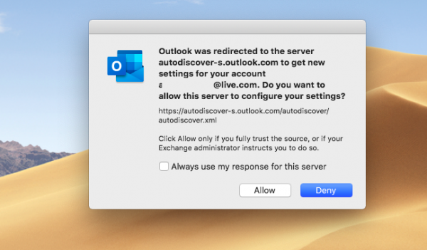 Mac용 Outlook에서 자동 검색 리디렉션 경고를 표시하지 않는 방법