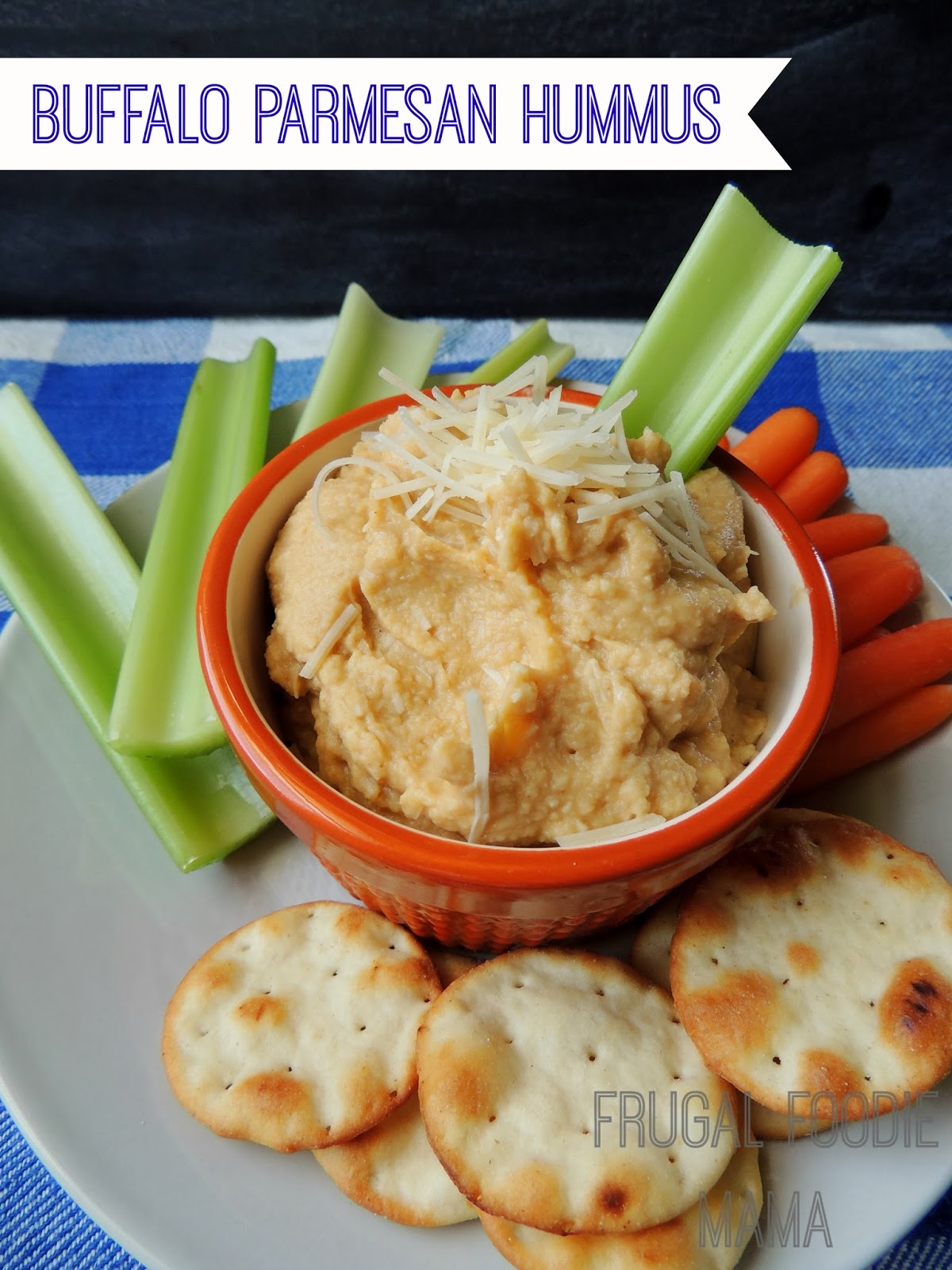 Buffalo Parmesan Hummus via thefrugalfoodiemama.com #gameday #Buffalosauce