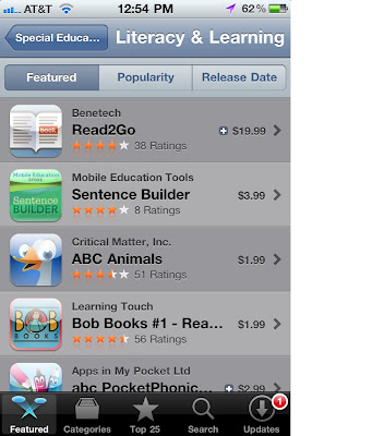 screen shot of an iPhone showing Read2Go as the top featured app in the Literacy and Learning Section, 4 stars with 38 ratings