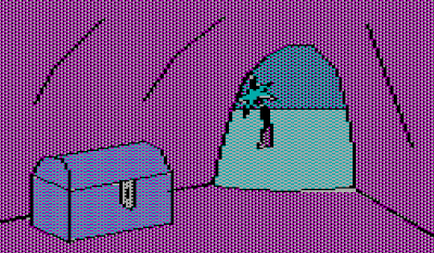 Animation based on images from the adventure game, the Wizard and the Princess (1980), showing a treasure chest being opened and revealing a harp.