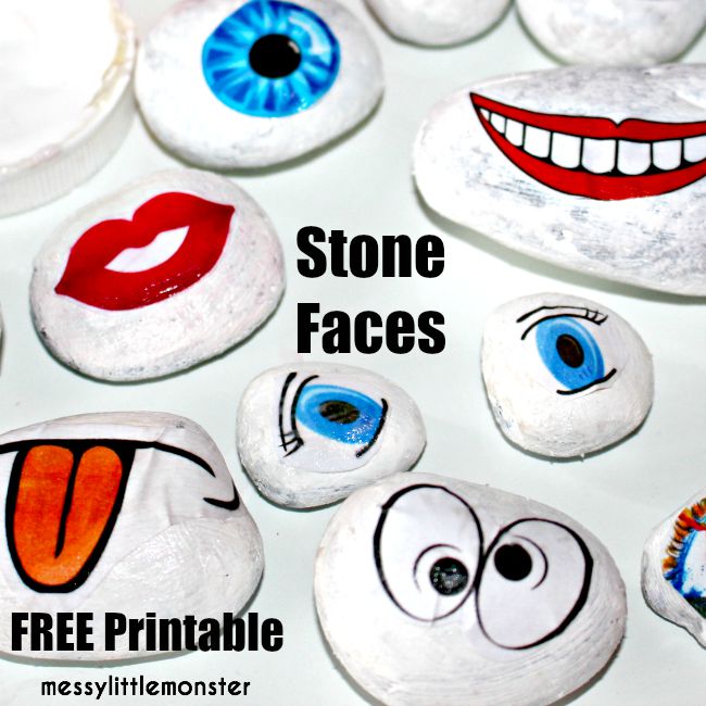 Rock Faces - an easy rock painting idea and feelings and emotions activity for toddlers, preschoolers and older kids. Make funny faces using our FREE FACE PRINTABLE. A fun nature activity or to be used as part of an 'ourselves' or 'all about me' project.