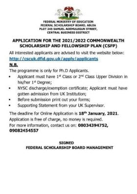 Application For Commonwealth Scholarship And Fellowship Plan 2021-2022