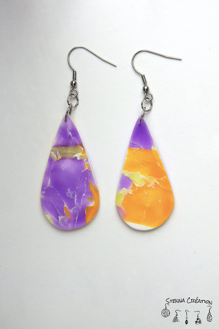 Boucles d'oreilles en pâte polymère Imitation Marbre Violet Jaune Translucent Stenna Création