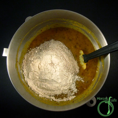 Morsels of Life - Spiced Pumpkin Bread Step 3 - Form Dry Team by combining flour, baking soda, baking powder, and salt. Mix Wet and Dry Teams.