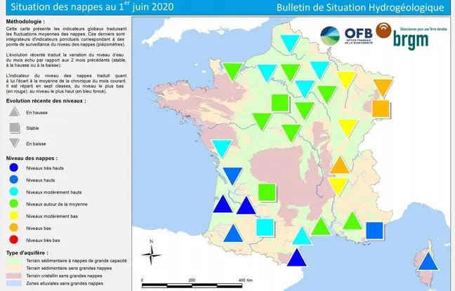 La situation des nappes phréatiques au 1er juin 2020 selon le Bureau de recherches géologiques et minières. - BRGM