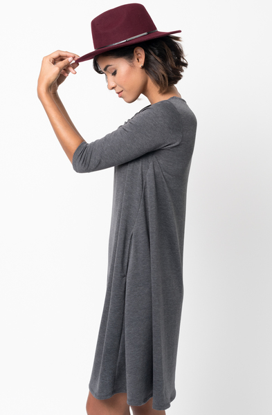 Charcoal Pocket Terry A Line Dress Swing Long Sleeve Crew Neck
