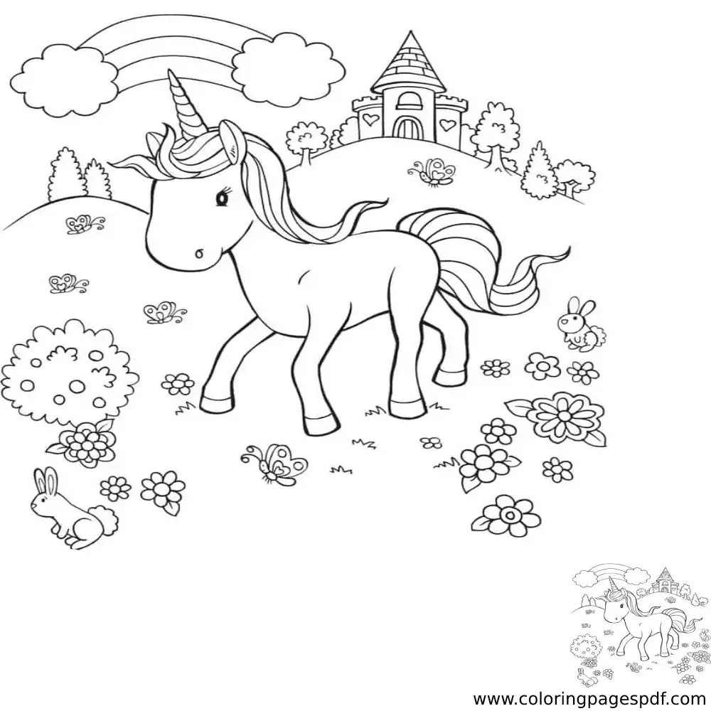 Coloring Page Of A Unicorn Walking In Grass