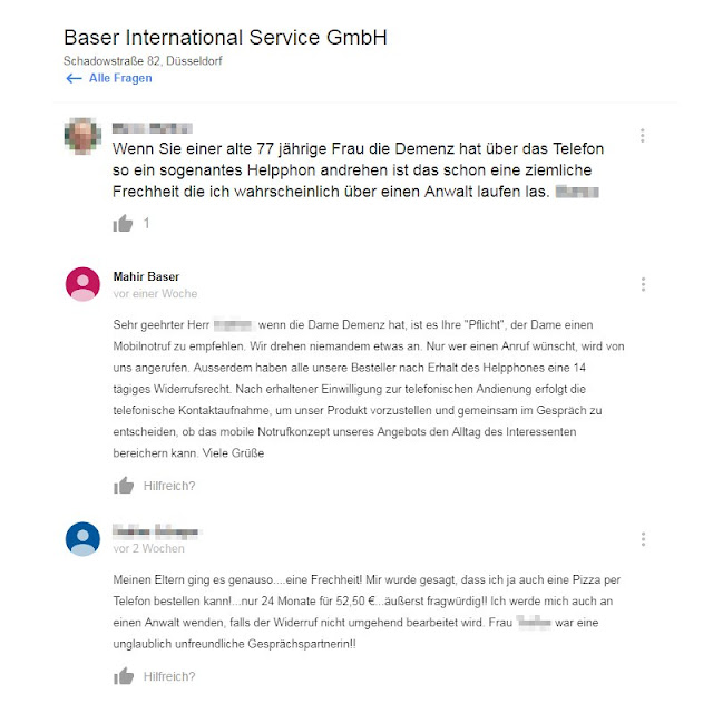 Screenshot Google My Business Eintrag | Baser International Service GmbH, "Fragen und Antworten" | 02.05.2018