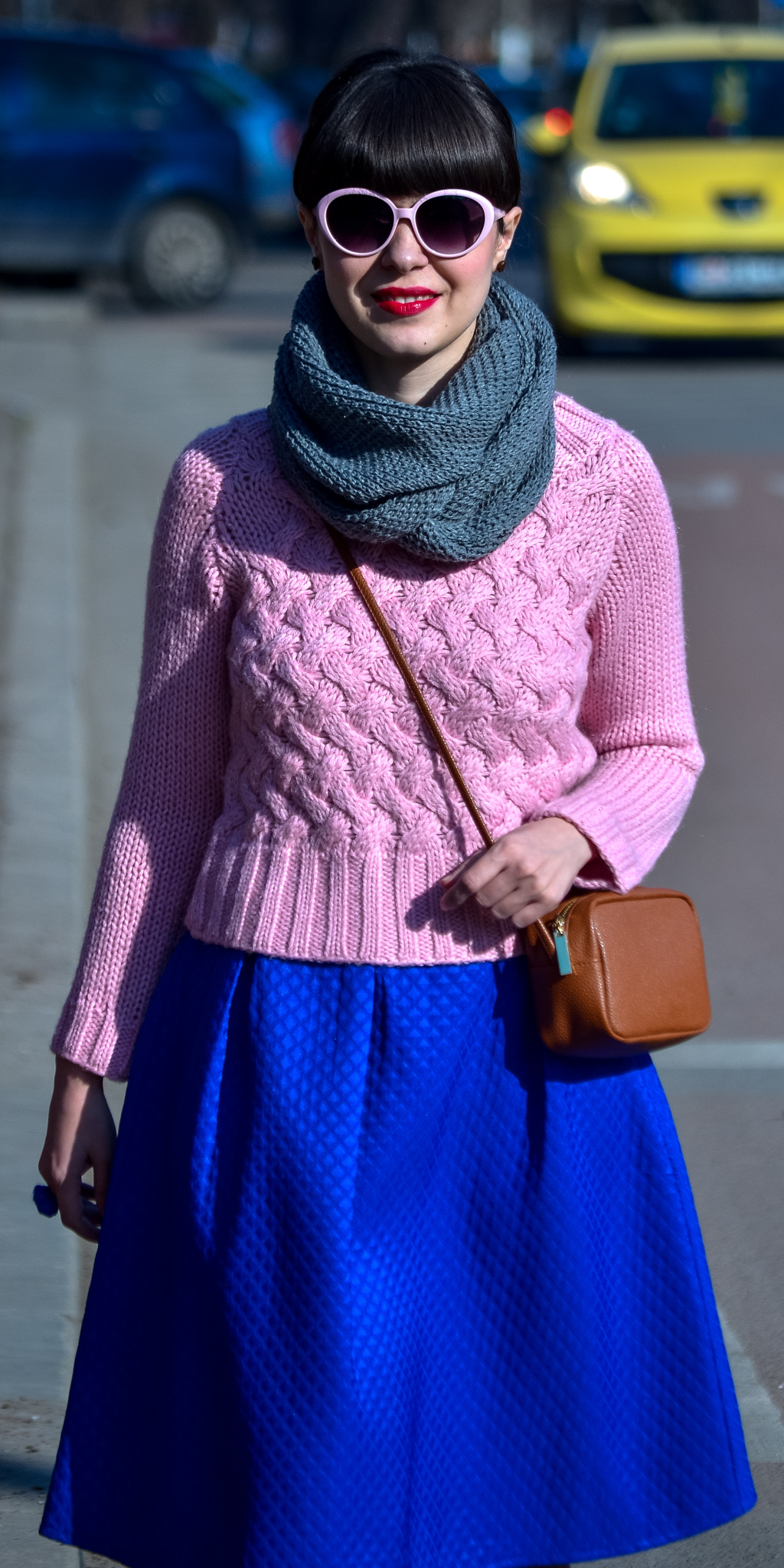 dusty pink sweater cobalt blue skirt koton brown bag satchel H&M grey scarf pinkish heels pink eyeglasses spring 