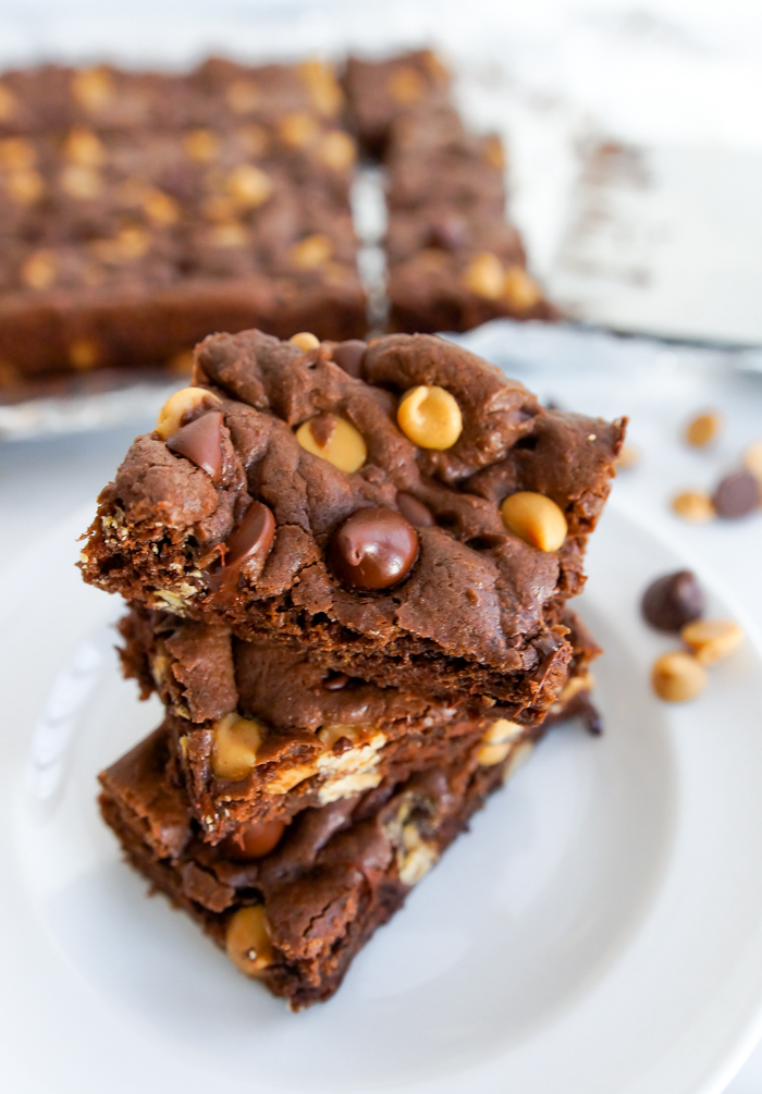 Chocolate Peanut Butter Cake Mix Cookie Bars Bake at 350°