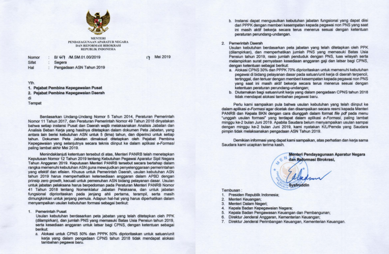 Surat Edaran Pengadaan Cpns 2019 Keluar Rekrutmen Cpns Di