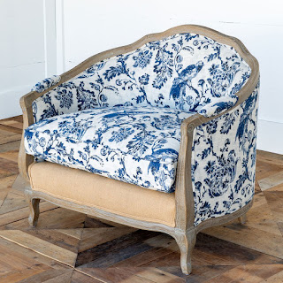 French farmhouse blue and white toile upholstered chair