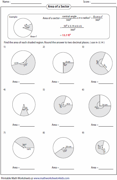 Area Of Circle And Sector Worksheets