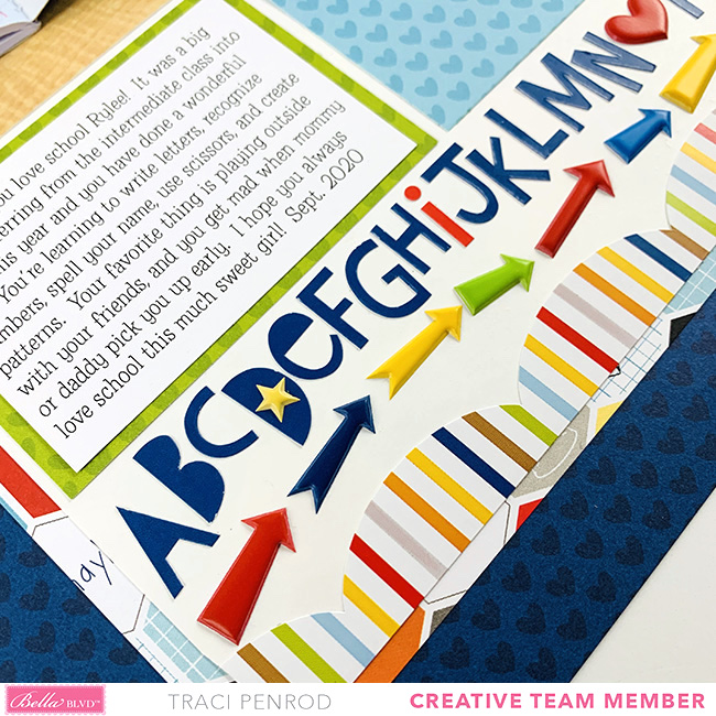 School 12x12 scrapbook page layout with alphabet stickers
