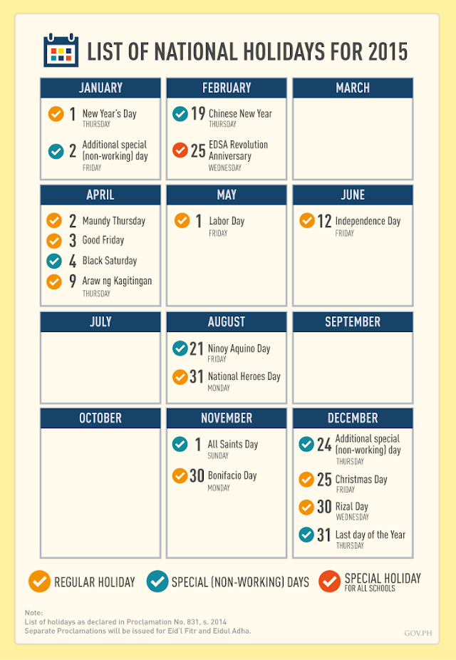 Official List of Nationwide Holidays in 2015