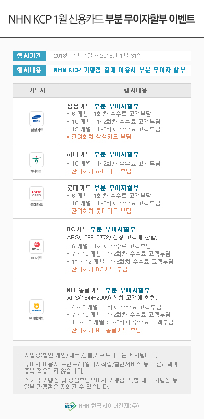 [웹드로우] 2018년 1월 카드사 무이자할부 이벤트 안내