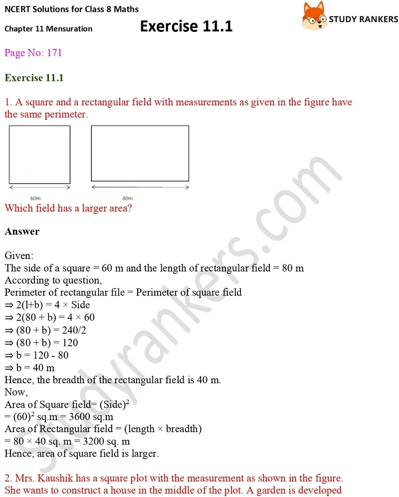 NCERT Solutions for Class 8 Maths Ch 11 Mensuration Exercise 11.1 1