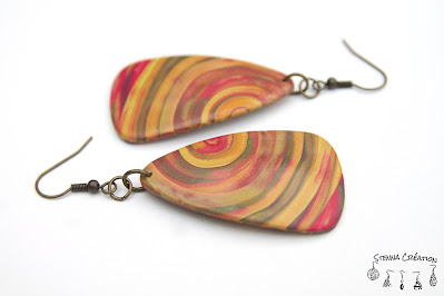 Boucles oreilles pâte polymère extrudeuse rouge ocre or vert Stenna Création