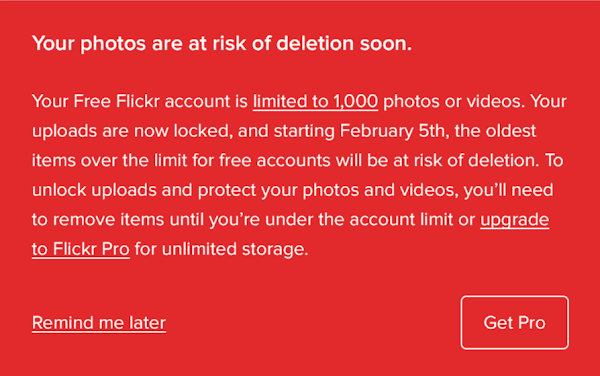 Flickr free users delete notice on site