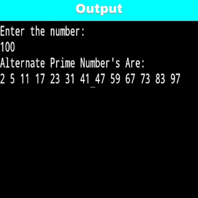 C program to print alternate prime numbers from 1 to n, prime numbers