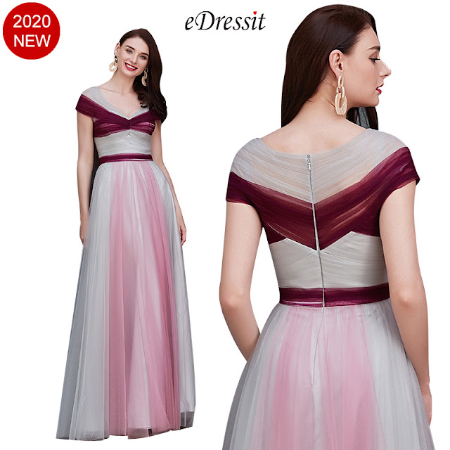 v cut cap sleeves colorful pink dress for prom