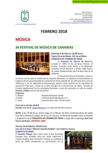 Agenda cultural del Cabildo de La Palma febrero 2018