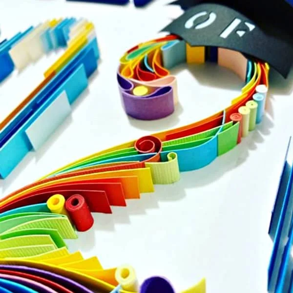 detail of colorful on-edge paper strip art