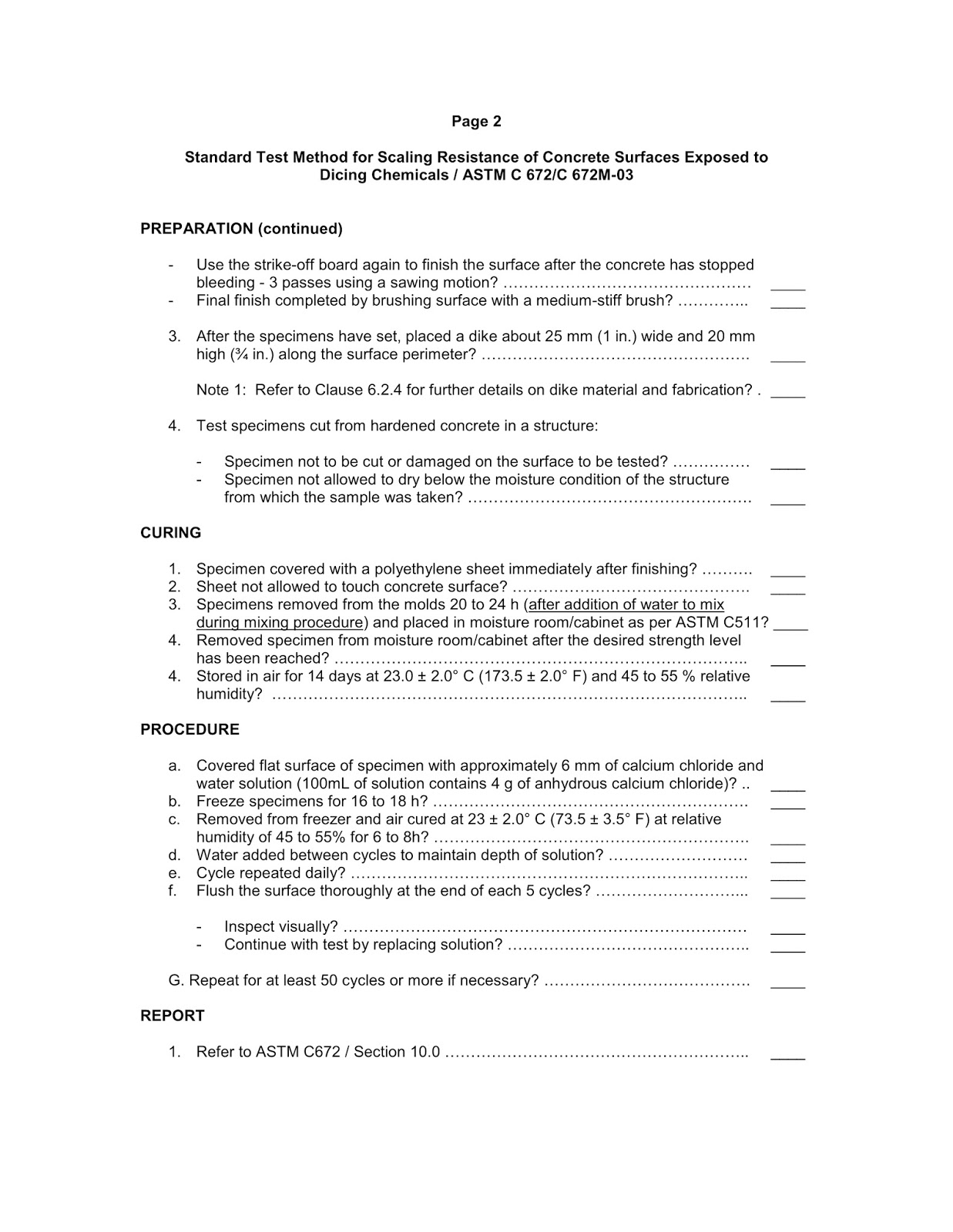 Cement Quality Check List Standard Test Method for Scaling Resistance