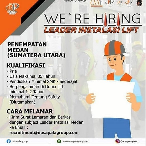 Leader Instalasi Lift Di Nusapala Group Informasi Lowongan Kerja Medan 2021 Terbaru Hari Ini
