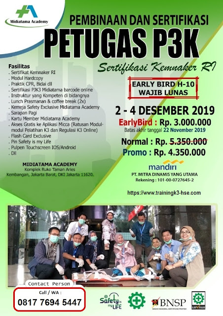Petugas P3K (First Aid) murah tgl. 2-4 Desember 2019 di Jakarta. Promo 3 juta murah...