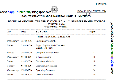 Nagpur University Revised (New) Time Table B.C.A 1st Sem Exam Winter 2014