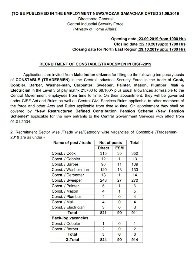 CISF constable Tradesman Recruitment 2019