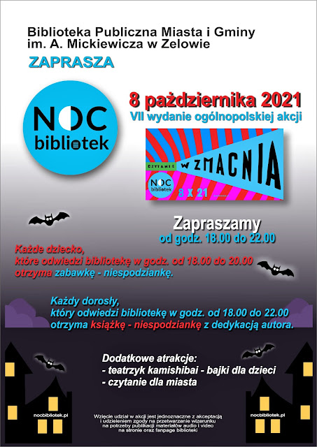 Zaproszenie na obchody Nocy Bibliotek w Bibliotece w Zelowie w dniu 8 października 2021 roku.