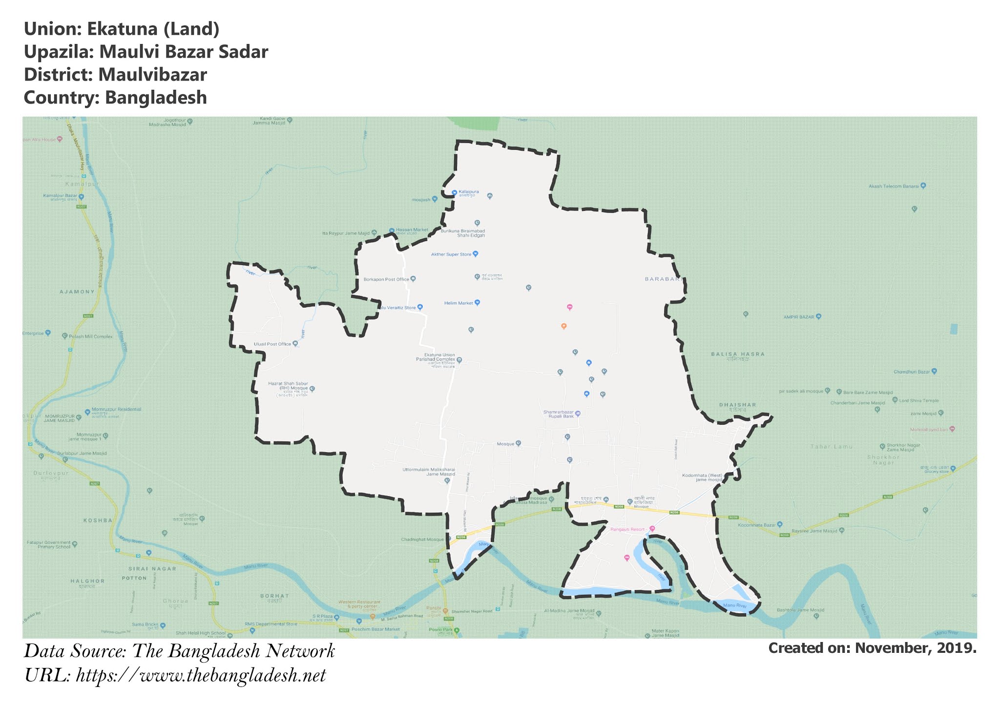 Map of Ekatuna of Maulvibazar, Bangladesh.