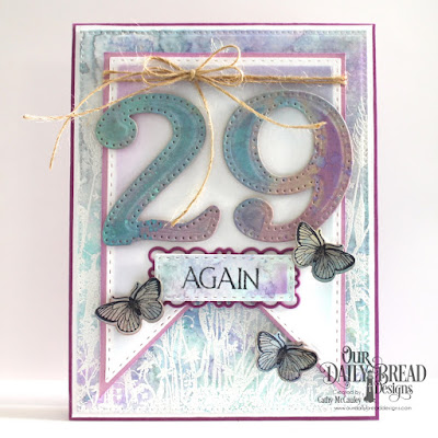 Our Daily Bread Designs Stamp Sets: Celebration, Wildflower Silhouette Background, Butterfly and Bugs, Custom Dies: Large Number, Pierced Rectangles, Double Stitched Rectangles, Double Stitched Squares, Filigree Frames, Butterfly and Bugs