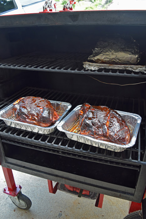 Glazed and smoked pork butts on the Deep South Smokers GC 36 gravity fed smoker