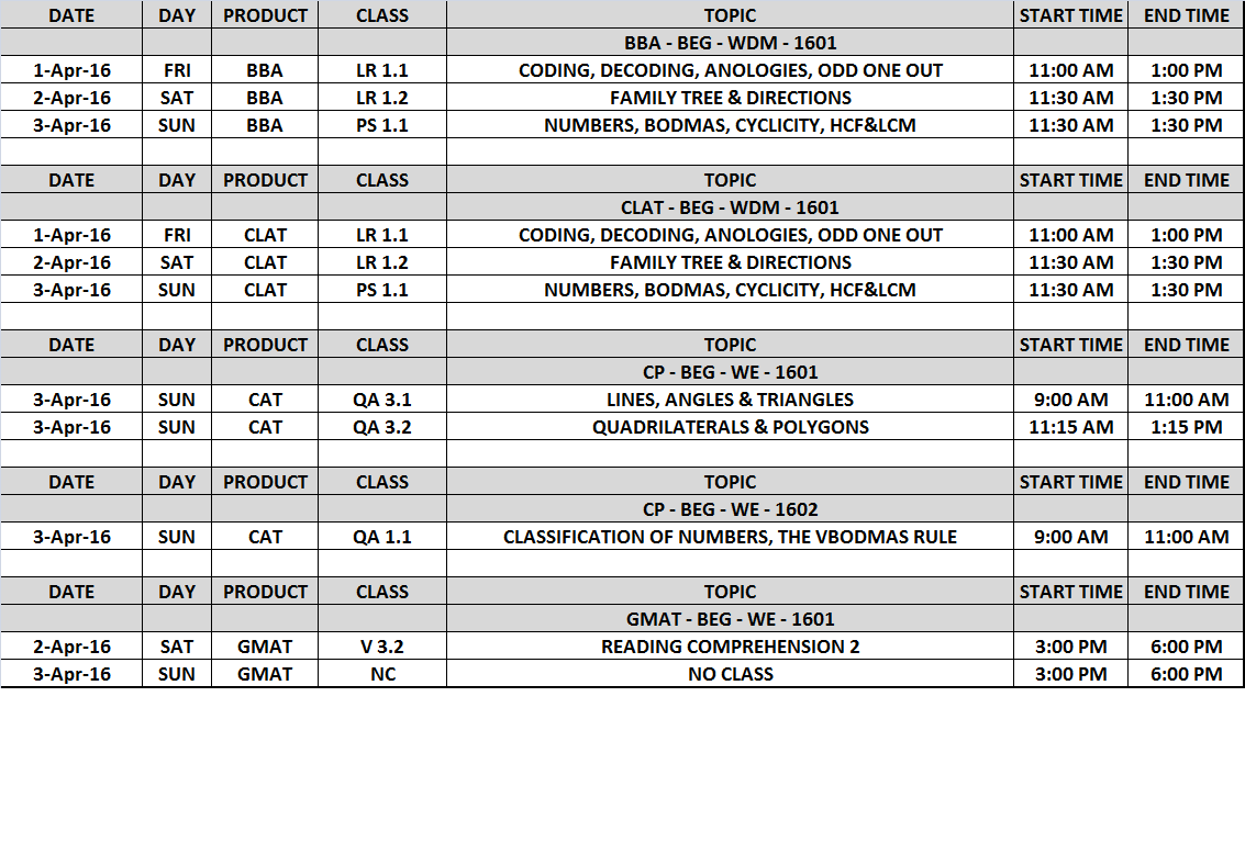 IMS BEGUMPET Schedule from 1st Apr to 3rd Apr