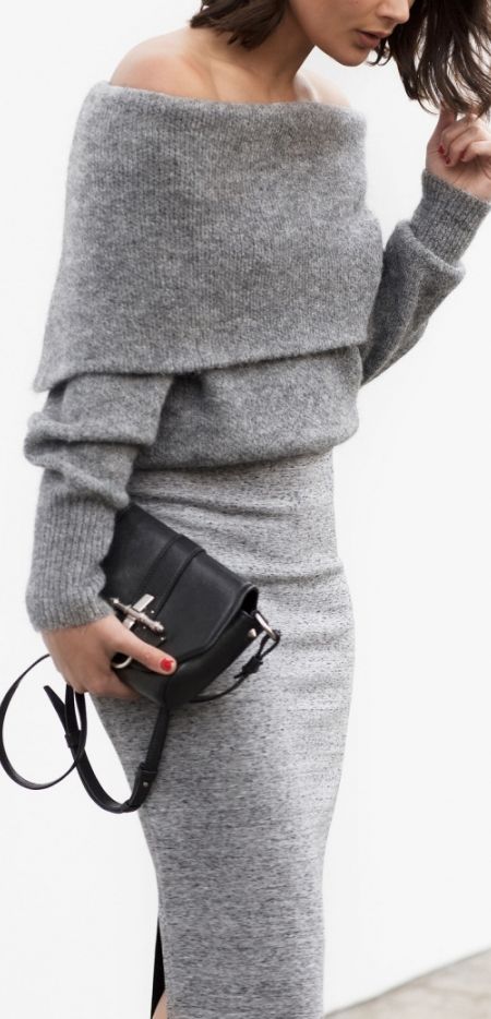 Women's fashion | Off the shoulder grey cashmere sweater with fitting ...