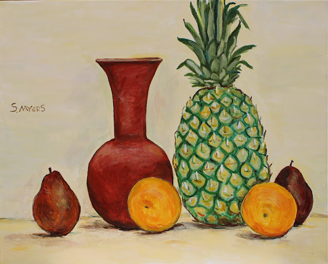 Still-life with Pineapple, Sarah Myers still-life, pineapple, sarah, myers, vase, pear, oranges, acrylic, painting, fruit, ceramic, exuberant, amy, myers, canvas, large, shapes, round, earthenware, terracotta, contemporary, art, arte, kunst, pintura, maleri, natura, morte, figurative, classical, representative, bright