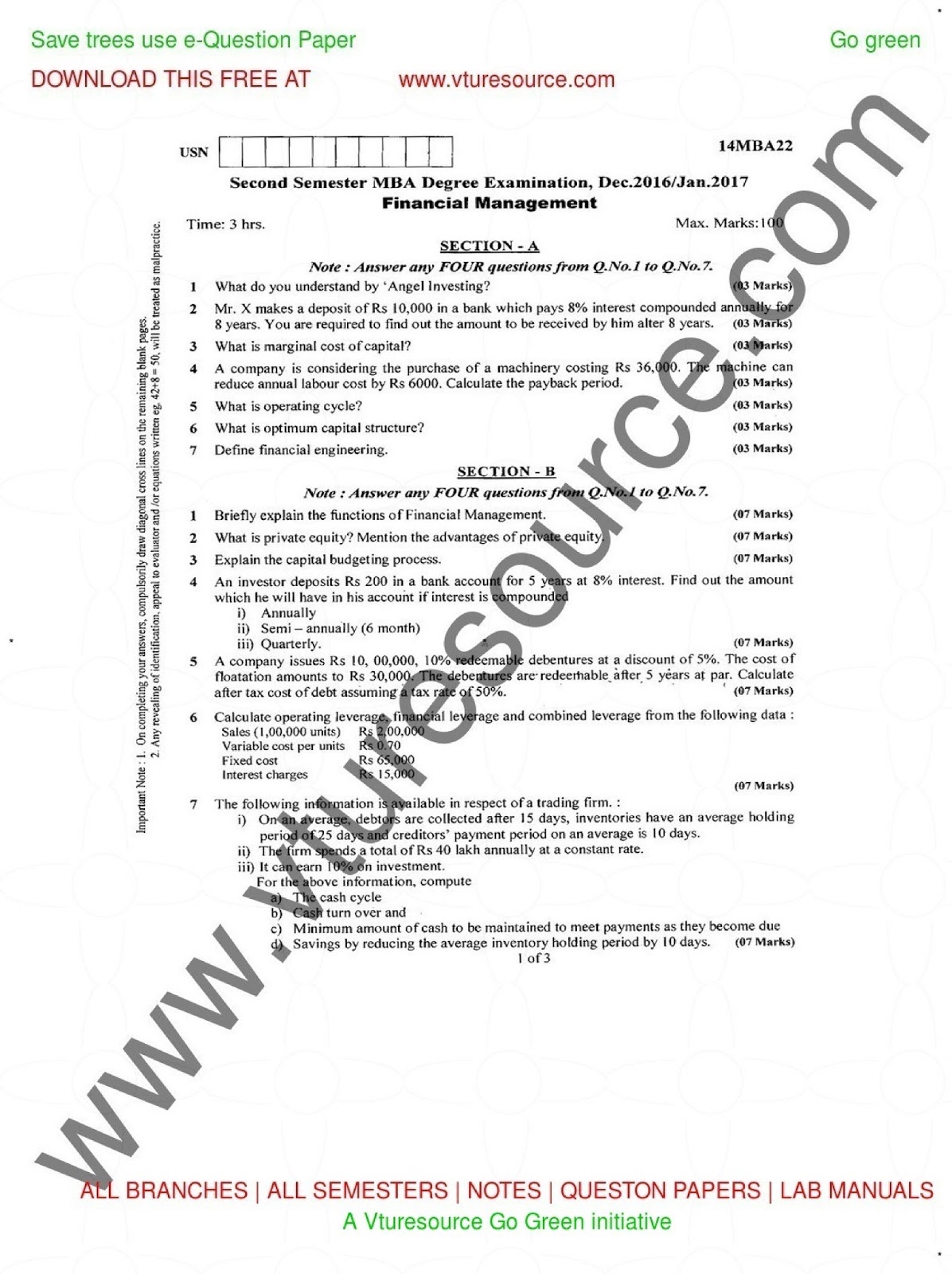 VTU MBA First Semester Question Paper Financial Management Dec2016