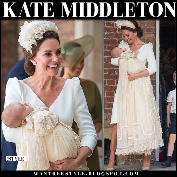 Kate Middleton in cream vneck dress at Louis' christening on July 9