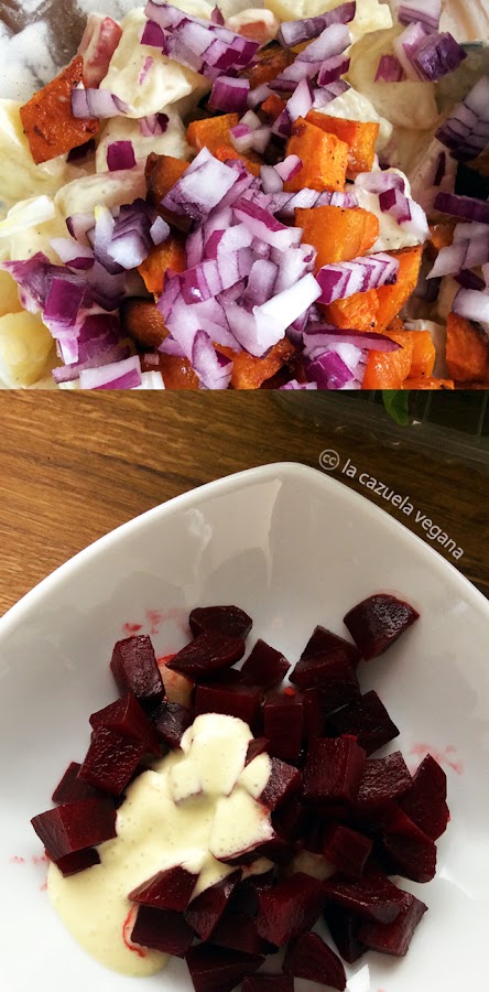 Ensaladilla de invierno (quinoa, remolacha, calabaza, patata y mayonesa vegetal o veganesa)