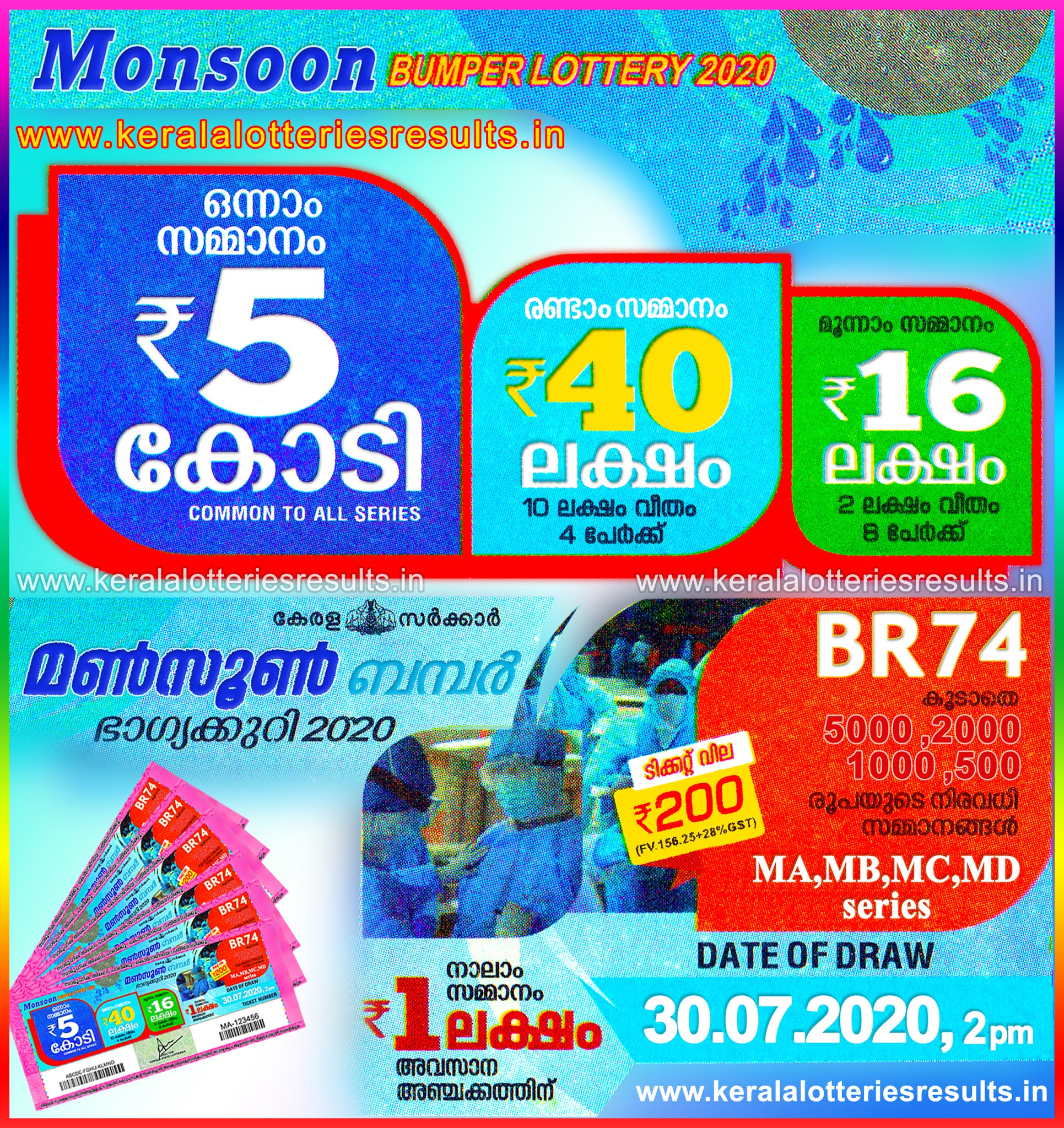 Kerala Lottery Results; 30072020 Monsoon Bumper Lottery Result BR74