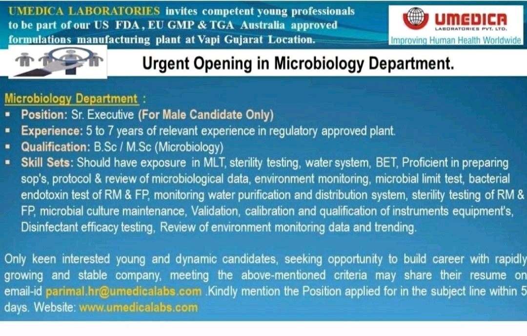 Umedica Laboratories Vapi jobs for Microbiology Department apply now
